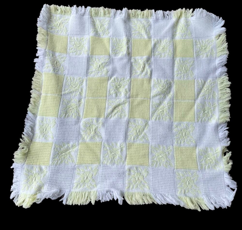 Vintage Waffle Baby Blanket with Fringe Floral Yellow White Square Spain 1980s